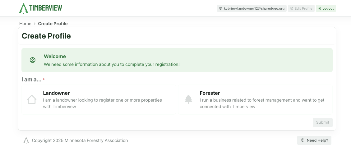 Choose Landowner or Forester role